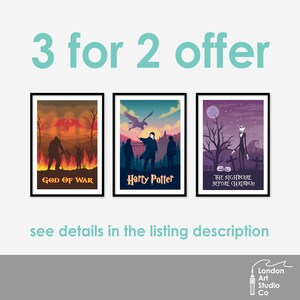 May include: Three framed prints with a 3 for 2 offer. The prints feature a silhouette of Kratos from God of War, Harry Potter, and Jack Skellington from The Nightmare Before Christmas.