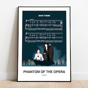 May include: A black and white poster with a blue background featuring a musical score for the Phantom of the Opera. The poster also includes a silhouette of a man and woman in a boat with candles. The text "MAIN THEME" and "PHANTOM OF THE OPERA 2004" is printed on the poster.