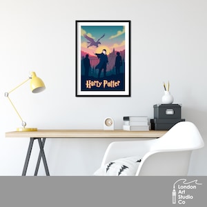 May include: A vintage-style poster featuring a silhouette of Harry Potter with his wand raised, accompanied by two other figures and a flying bird. The poster has a sunset background and the text "Harry Potter" in a dark blue font.