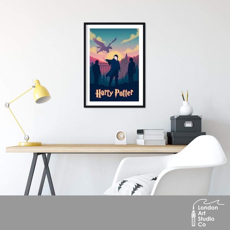 May include: A vintage-style poster featuring a silhouette of Harry Potter with his wand raised, accompanied by two other figures and a flying bird. The poster has a sunset background and the text "Harry Potter" in a dark blue font.