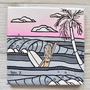 Grey Surfer Girl - Baby Pink and Grey Art - Nursery Waves Painting - Best Friend Gift - Surfer Room Decor