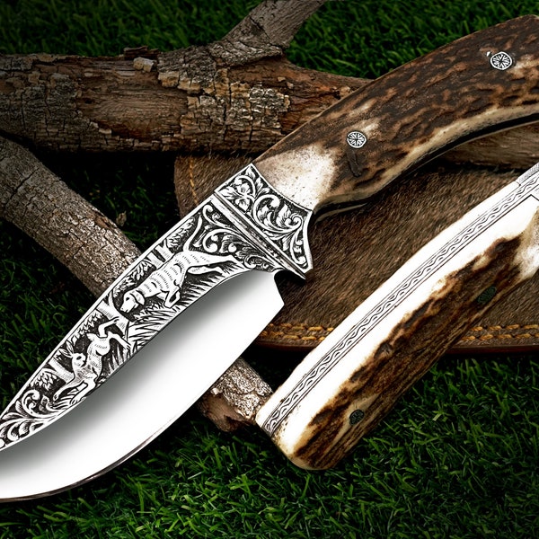 Hand-Engraved Stainless Steel Hunting Knife With Sheath Stag Horn Handle, Best Knife For Men, Fixed blade knives EDC Knife, Gift For Him