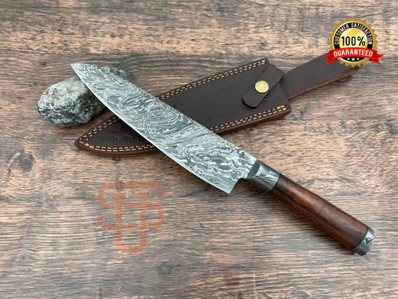 Hand Forged Real Damascus Steel Kitchen Knife Rosewood Handle Etsy