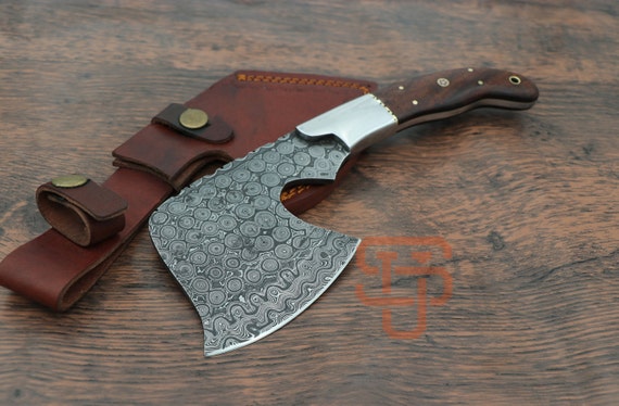 Damascus Axe Handmade with Steel Bolster,Rosewood Handle, Small Axe Fixed Blade, raindrop Ave Damascus steel , Small Damascus axe