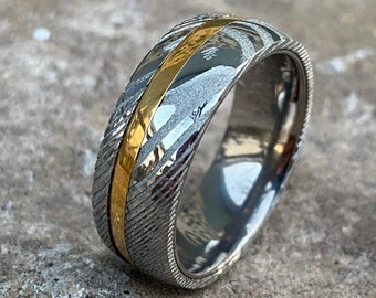 Anillos de boda de acero de Damasco ligeros, anillos de Damasco para hombre, banda de Damasco para hombre con incrustaciones de oro de 14 k, anillo de acero de Damasco para hombre, anillo de Damasco unisex