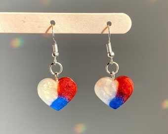 4th of July Dangle Heart Earrings, Custom Heart Dangles, Cute Mini Heart Earrings, Lightweight Resin Heart Earrings, Gift for Her