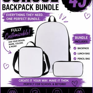 Può includere: Set di zaini per la scuola con zaino, borsa per il pranzo e astuccio. Le borse sono bianche con dettagli neri. Il testo "Back to School Backpack Bundle" è nella parte superiore dell'immagine.