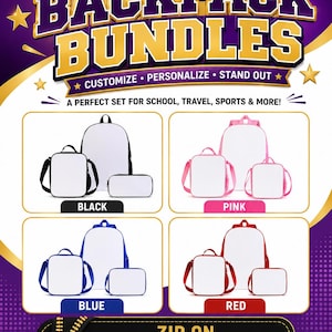 Puede incluir: Imagen promocional que muestra conjuntos de mochilas de sublimación en negro, rosa, azul y rojo. Cada conjunto incluye una mochila, una bolsa de almuerzo y un estuche. El texto destaca la personalización y la durabilidad para la escuela, viajes y deportes.