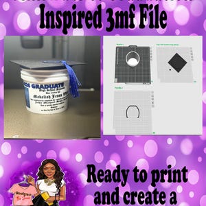 May include: A white graduation bucket with a black mortarboard and blue tassel. The bucket is labeled "2026 GRADUATE" with a graduate's name. The image also includes 3D model diagrams and the text "Ready to print and create a stunning product."