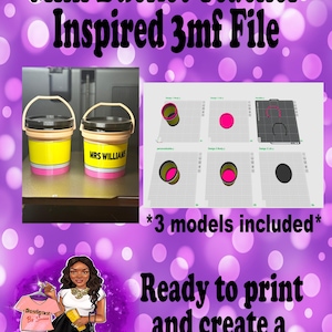 May include: Image shows two mini bucket designs, one with "MRS WILLIAMS" on it. The image also includes 3D model designs and the text "Ready to print and create a stunning product."