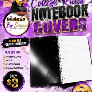 May include: A digital graphic advertisement for 3D college ruled notebook covers measuring 8 inches by 10.5 inches. The purple and black design features text, a notebook illustration, and branding for Designs By Swann, including a website URL.