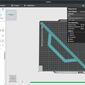 May include: A computer screen displays a 3D printing software interface. A teal-colored 3D model is shown on a grid, with various settings and options visible. The interface includes time estimation and layer height details.
