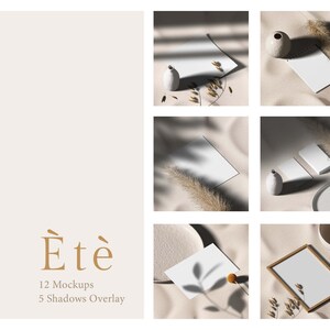 Puede incluir: Un conjunto de 12 maquetas que presentan diversos productos de papel blanco, incluyendo tarjetas, cuadernos y marcos, dispuestos sobre un fondo beige con hierbas secas y un jarrón. El texto "Été" se muestra debajo de las maquetas, junto con el texto "12 Mockups" y "5 Shadows Overlay".