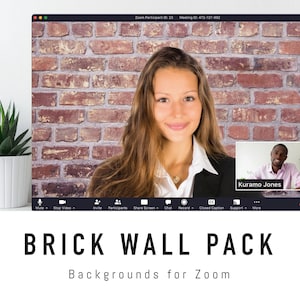 May include: A computer screen displaying a Zoom meeting with a woman and a man in separate video windows. The background behind the woman is a brick wall. The text "BRICK WALL PACK" and "Backgrounds for Zoom" is displayed below the screen.