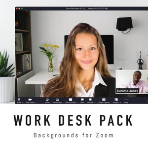 Puede incluir: Una pantalla de ordenador que muestra una reunión de Zoom con dos participantes. La mujer en la ventana principal sonríe y lleva una chaqueta negra. El hombre en la ventana más pequeña lleva una camisa rosa y tiene la piel oscura. El texto "Kuramo Jones" aparece debajo de la ventana del hombre. El texto "WORK DESK PACK Backgrounds for Zoom" aparece debajo de la pantalla.