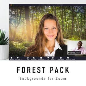 May include: A woman and a man are on a video call. The woman is in the foreground and the man is in a smaller window. The background is a forest scene. The text on the screen says "Zoom Participant: 23" and "Meeting ID: 472-137-992". The text in the smaller window says "Kuramo Jones".