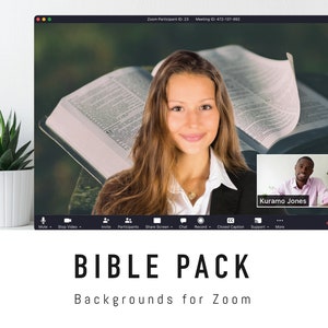 Può includere: Uno screenshot di una riunione Zoom con una donna in primo piano e un uomo in una finestra più piccola. La donna sorride e ha i capelli lunghi e castani. L'uomo indossa una camicia bianca e ha i capelli corti e neri. Lo sfondo dietro la donna è un'immagine sfocata di una Bibbia aperta. Il testo sullo schermo dice "Kuramo Jones" e "BIBLE PACK Backgrounds for Zoom".