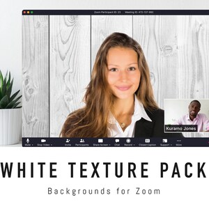 May include: A white wood grain texture background for Zoom video calls. The image shows a woman and a man in separate video windows on a laptop screen. The text "WHITE TEXTURE PACK" and "Backgrounds for Zoom" is displayed below the laptop screen.