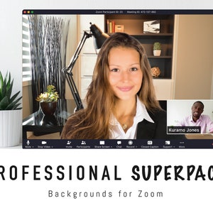 Puede incluir: Una pantalla de ordenador que muestra una reunión de Zoom con dos participantes. La mujer de la izquierda sonríe y el hombre de la derecha lleva una camisa blanca. El texto "Kuramo Jones" se muestra debajo del vídeo del hombre. El texto "PROFESSIONAL SUPERPACK Backgrounds for Zoom" se muestra debajo de la pantalla.