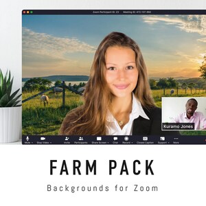 May include: A computer screen displaying a Zoom meeting with a woman in the main window and a man in a smaller window. The background is a scenic farm scene with a sunset sky. The text "FARM PACK" and "Backgrounds for Zoom" is displayed below the screen.