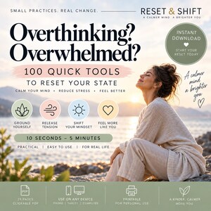 Overthinking & Stress Relief Toolkit | 100 Quick Grounding Exercises for Emotional Overwhelm | Printable PDF