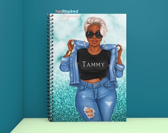 May include: Spiral-bound notebook featuring an illustration of a woman in a denim jacket and jeans. The woman is wearing sunglasses and a black t-shirt with the name "TAMMY". The background has a teal marble design.