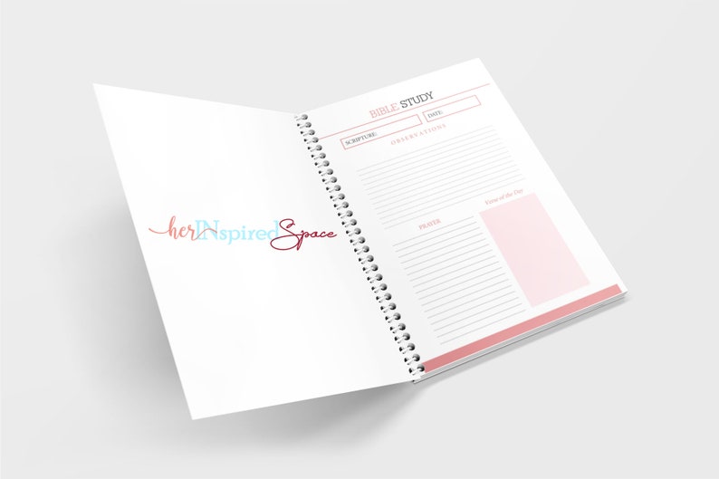May include: Open spiral-bound Bible study journal with a white cover and pink accents. The journal features sections for scripture, observations, prayer, and notes. The logo "herInspired Space" is visible on the left page.