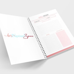 May include: Open spiral-bound Bible study journal with a white cover and pink accents. The journal features sections for scripture, observations, prayer, and notes. The logo "herInspired Space" is visible on the left page.