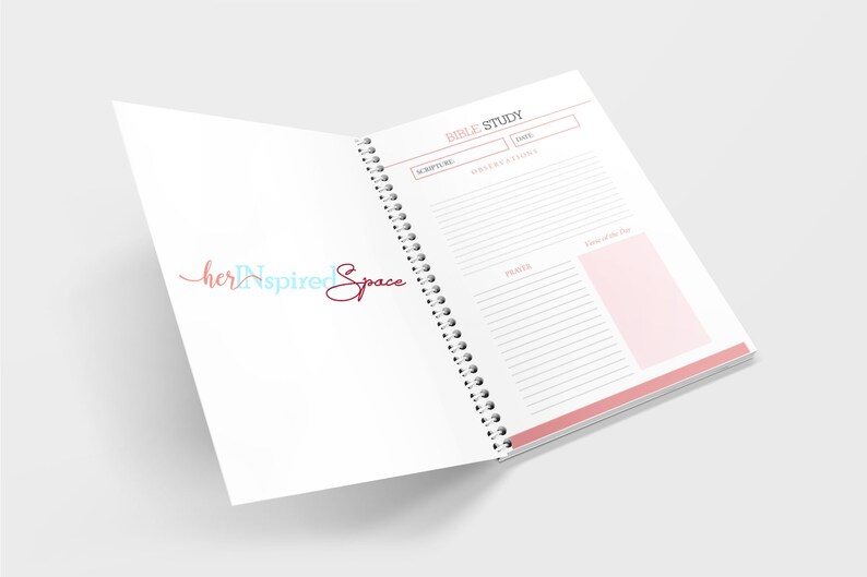 May include: Open spiral-bound Bible study journal with a white cover and pink accents. The journal features sections for scripture, observations, prayer, and notes. The logo "herInspired Space" is visible on the left page.