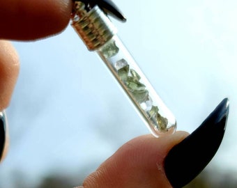 Moldavite or Moldavite and Herkimer Diamond Quartz  Glass Vial Pendant - Transformation,  manifestation,  Crystal Pendant