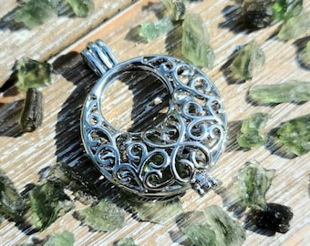 Moldavite or Moldavite and Herkimer Diamond Quartz  Moon Pendant - Transformation,  manifestation,  Crystal Pendant, Witchy, cage pendant