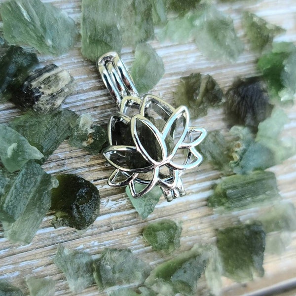 Moldavite or Moldavite and Herkimer Diamond Quartz  Lotus Pendant - Transformation,  manifestation,  Crystal Pendant, Witchy, cage pendant