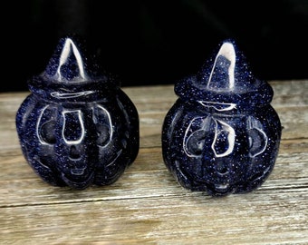 Samhain Jack-o-lantern 1 Blue Sandstone- Pumpkin Crystal Carvings Goldstone Halloween