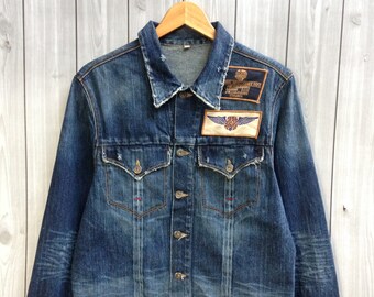 Guess Denim Jackets Military Navy Distressed Patches Badge Jeans Biker Jacket Size Vintage