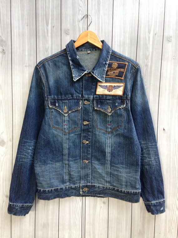 Guess Denim Jackets Military Navy Distressed Patc… - image 1