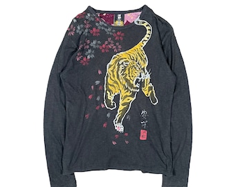 Japanese Sukajan Tiger Floral Sakura Tattoo Yakuza Punk Overprint Long Sleeve Black T Shirt Vintage 2000s Size Medium