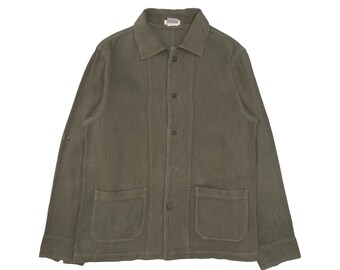 Issey Miyake Plantation Vintage 1980 Pleat Olive Chore Jacket Button Up Cotton Japanese Designer Runways Size Medium Large