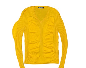 Issey Miyake Men Pleat Iconic Knit Rare Archive Vintage 1980s Yellow Long Sleeve Stiped Sweater Made In Japan Men Size Medium