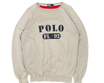 Polo Ralph Lauren FL-92 Oversize Big Logo Fleece Sherpa Lining Sweatshirt Crewneck Jumper Sweater Vintage 1990s Khaki Size Large