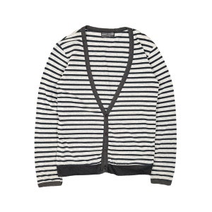 May include: A gray and white striped cardigan with a V-neck and long sleeves. The cardigan has a dark gray trim around the neckline, cuffs, and hem. It features a button-up front and the brand name "mastermind JAPAN" is visible on the label.