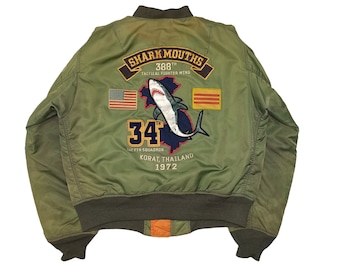 Shark Mouth Avirex MA-1 True Vintage 1972 Air Force USAF 34th Squadron Tactical Fighter Wing Super Rare Nylon Bomber Jacket Flyer Size Large