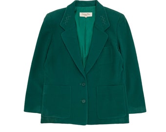 Christian Dior Velvet Floral Vintage 1970s Blazer Suit Emerald Green Jacket Luxury Designer Embroidered Floral Size Medium