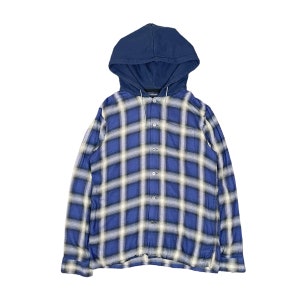 May include: A blue plaid button-up shirt with a navy blue hood. The shirt features a classic plaid pattern in shades of blue, white, and black. The hood is made of a solid navy blue fabric. The shirt has a button-down front and long sleeves.