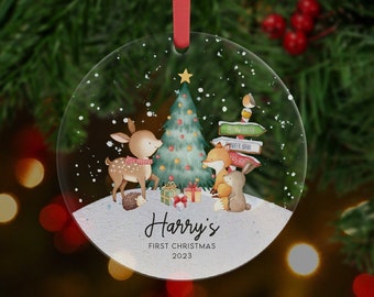 Personalised First Christmas Woodland Animals Decoration - Acrylic I Christmas Bauble, Baby first Christmas, 1st Christmas, New Baby, Bauble