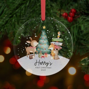 Personalised First Christmas Woodland Animals Decoration - Acrylic I Christmas Bauble, Baby first Christmas, 1st Christmas, New Baby, Bauble