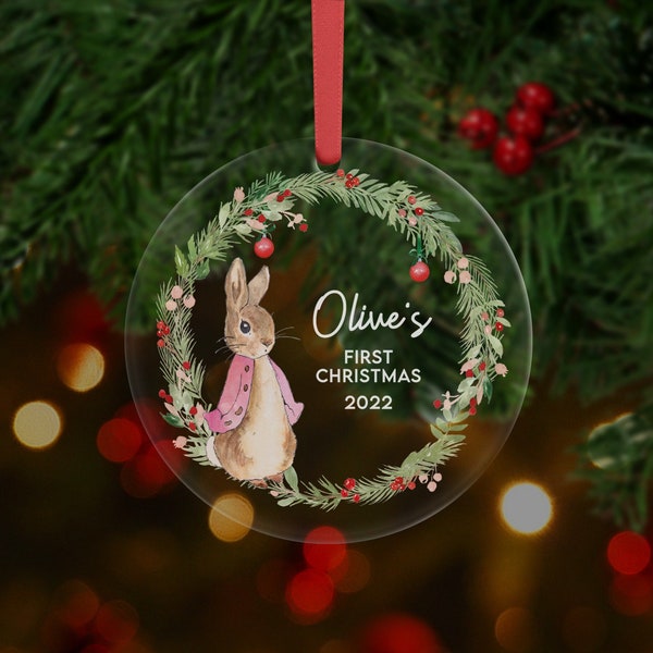 Personalised First Christmas Rabbit Decoration - Clear Acrylic I Christmas Bauble, Babys first Christmas, 1st, New Baby, Christmas Bauble