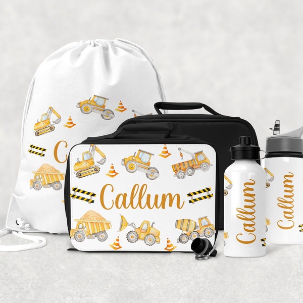 Personalised Back to School set - Construction/Digger | School Lunch Bag, Lunch Box, Back to School, Children's Name, Kids, Girls, Boys