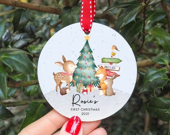 Personalised First Christmas Woodland Animals Decoration I Christmas Bauble, Babys first Christmas, 1st Christmas, New Baby, Bauble