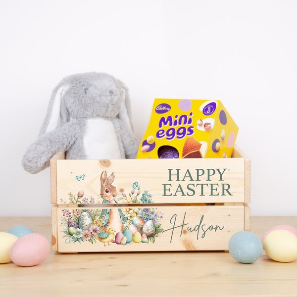 Personalised Wooden Easter Bunny Rabbit Crate I Wooden Easter Crate, Easter Gifts, Easter Basket Hamper, Easter Rabbit Crate, Egg Hunt, W