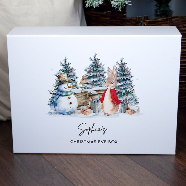 Personalised Natural Rabbit Christmas Eve Box I Christmas Eve Box, Traditional Rustic Engraved, Family, Animals, Christmas Tradition